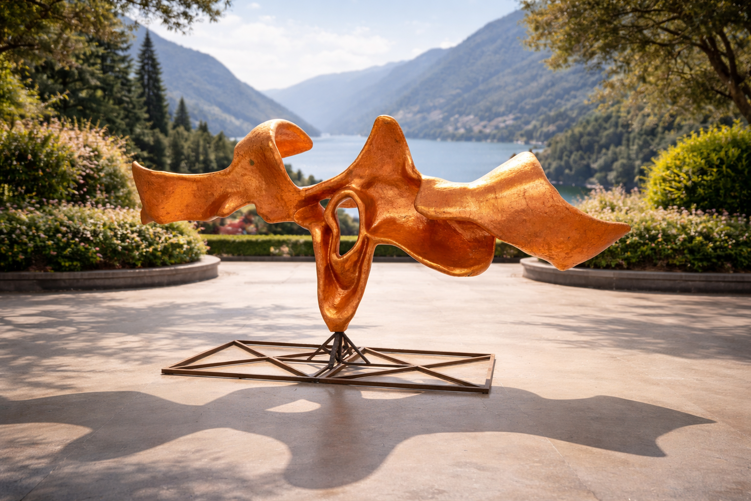 Golden kinetic sculpture in eternal dialogue with the horizon