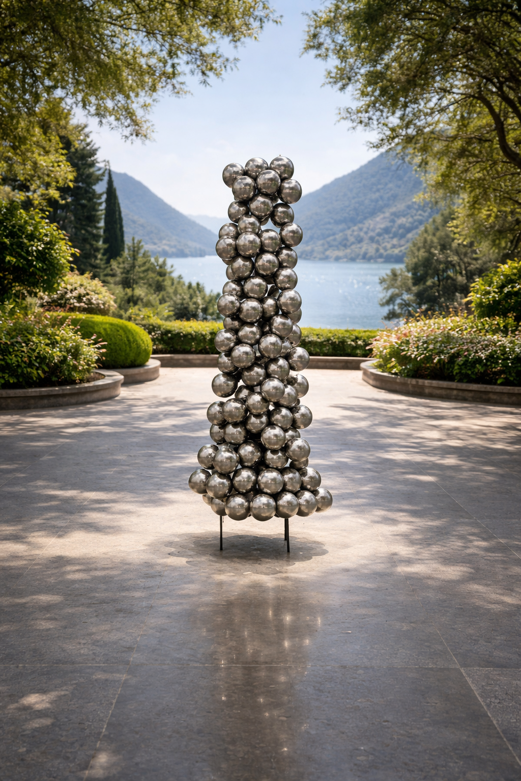 A stack of mirror-finished stainless steel spheres reflecting a serene lakeside horizon