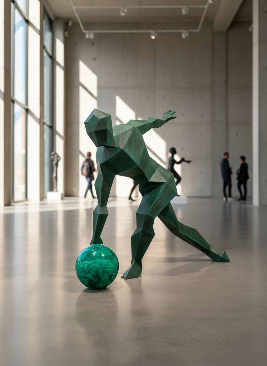 A faceted anatomical study in teal bronze with a malachite core in a modern gallery