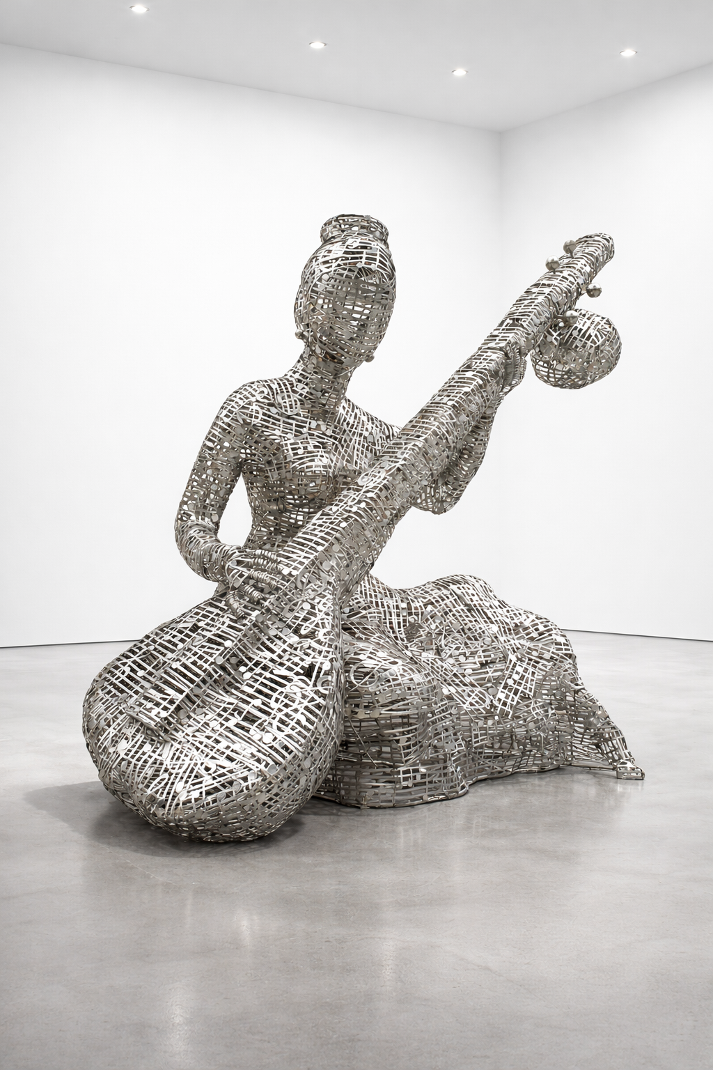 Intricate metallic wireframe sculpture of a sitar player in a minimalist white space